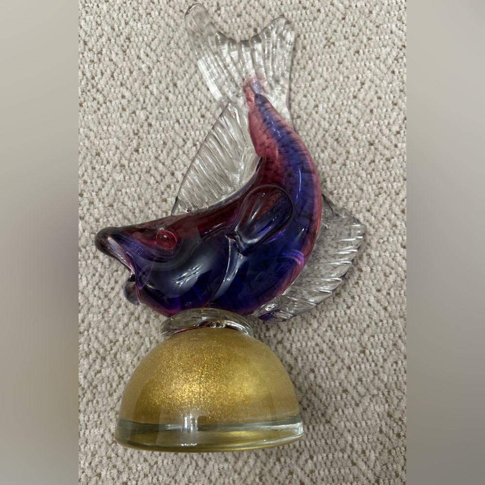 Mid century Cranberry and Purple Gold Fleck Fish Figure.